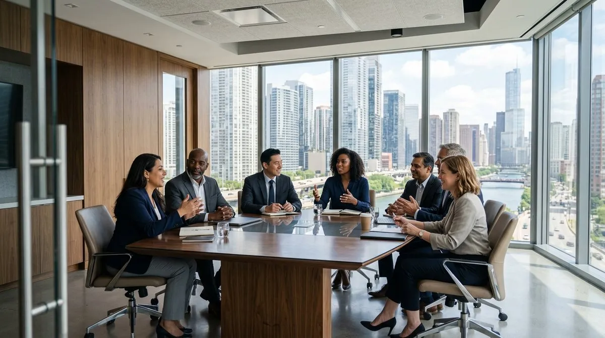Samuels Insurance Group leaders and agents collaborating in a modern corporate conference room