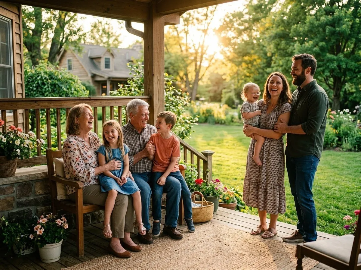 Multi-generational family gathered outdoors with peace of mind