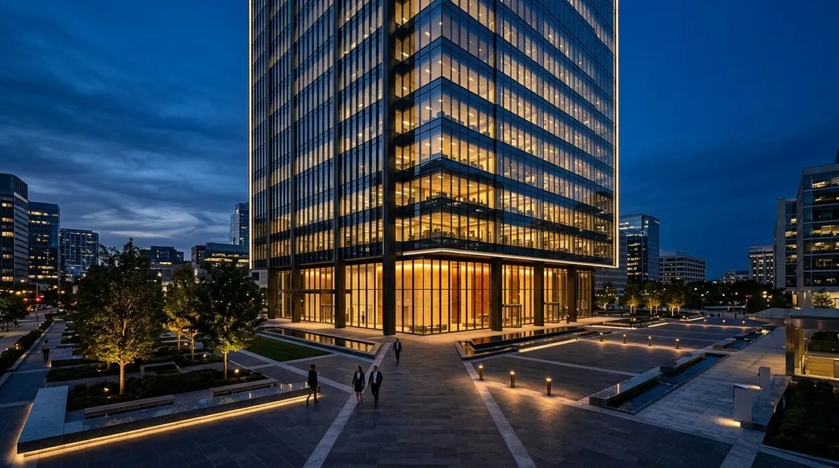 Modern architectural corporate office building at twilight