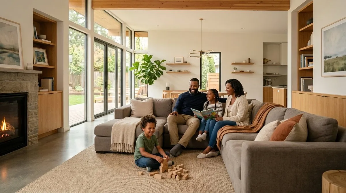 Family gathered happily in a sunlit modern living room